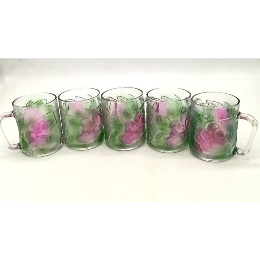 Vintage KIG Indonesia Set Of 5 Purple Grape Raised Pattern Glass Mugs